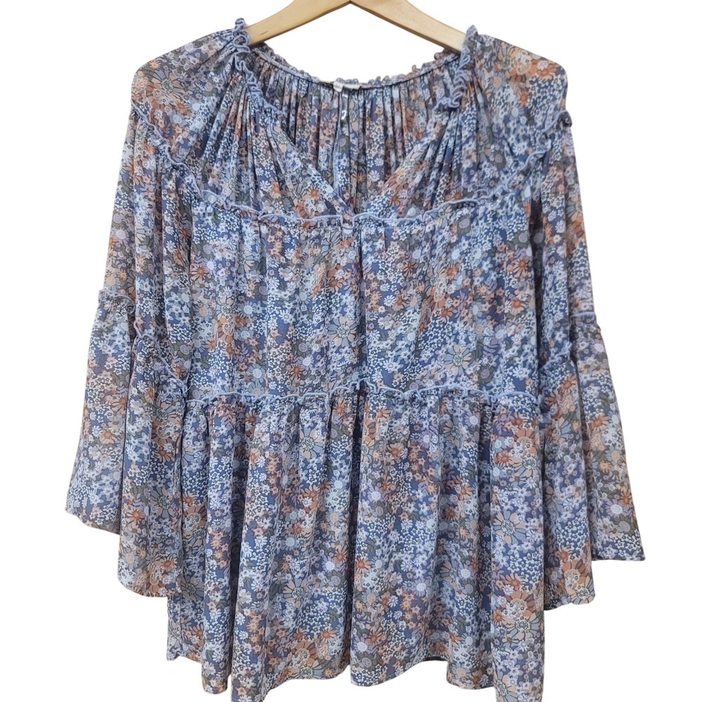 Entro Cottagecore Romantic Whimsy Floral Tiered Babydoll Top Bell Sleeve Size M